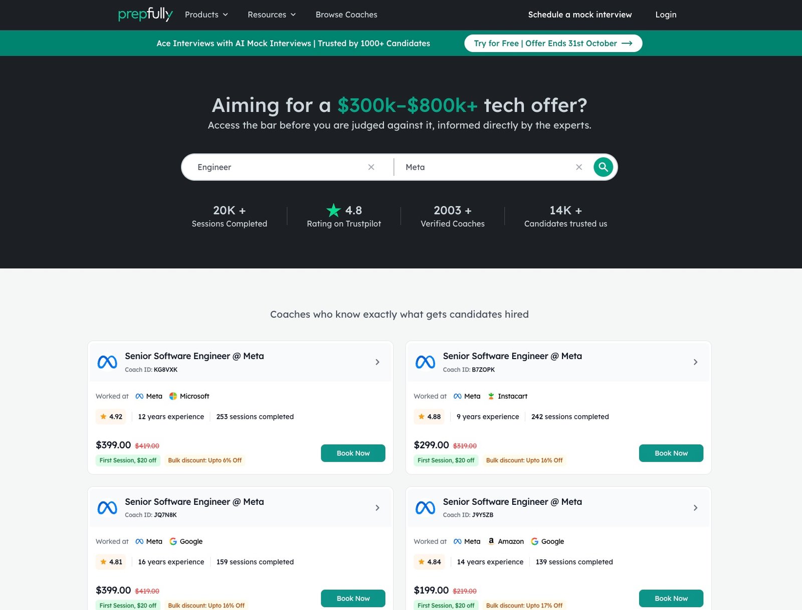 Prepfully homepage — mock interviews with verified coaches from top tech companies